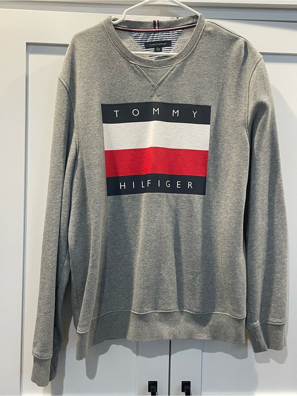 Tommy Hilfiger Gray Crewneck Sweatshirt with Red & White Logo Block